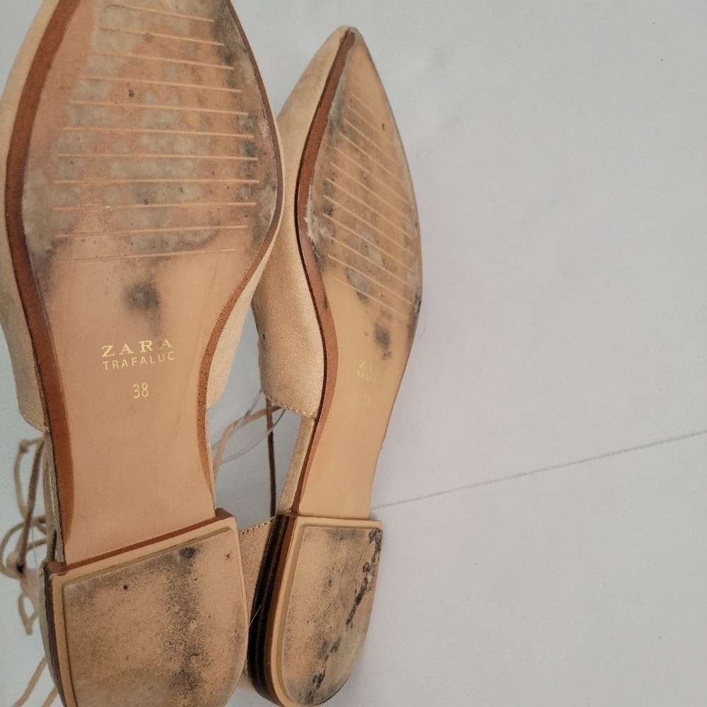 Zara Sz 38 8 Suede Lace Up Pointed Toe Ballet Flats Shoes Tan - Picture 7 of 8